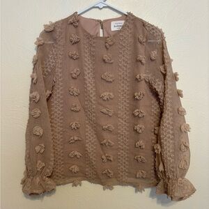 Böhme Textured Pom Detail Sheer Sleeve Blouse – Taupe – XS